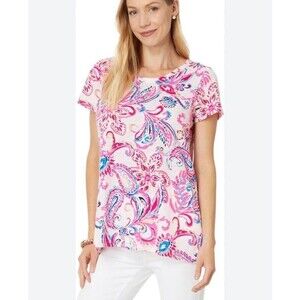 Lilly Pulitzer Etta Scoop Neck Top Short Sleeve Paisley Pink White Womens  XL